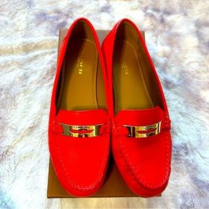 COACH Olympia Pebble Grain LEATHER Loafers Red FLAT Driving Shoe